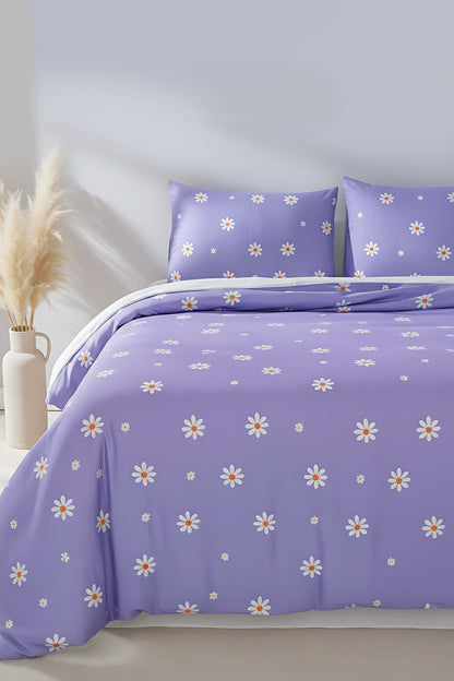 Purple Daisy Polycotton Double Size Duvet Cover Set, Zipper, 200×215 cm, 3-Piece