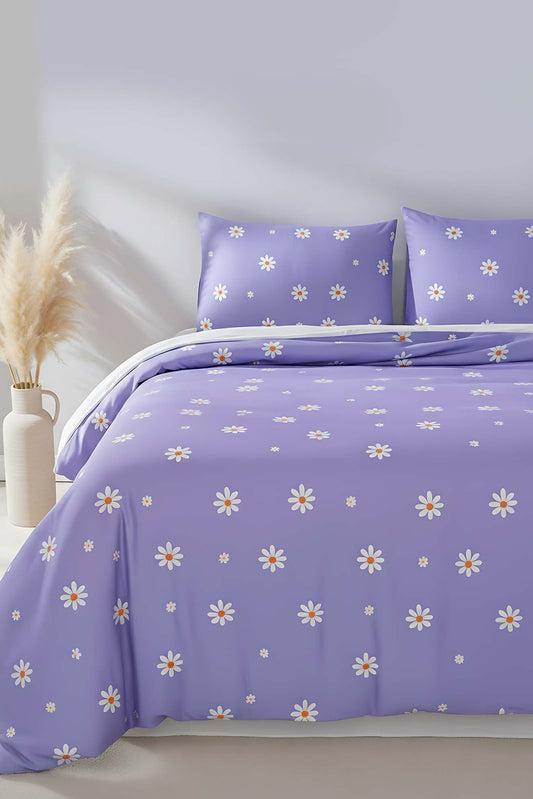 Purple Daisy Polycotton Double Size Duvet Cover Set, Zipper, 200×215 cm, 3-Piece