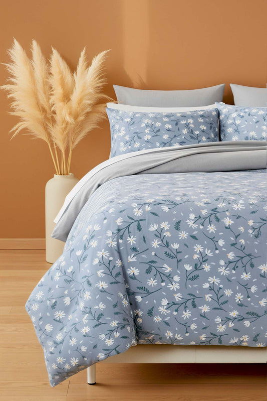 Gray Daisies Polycotton Double Size Duvet Cover Set, Zipper, 200×215 cm, 3-Piece
