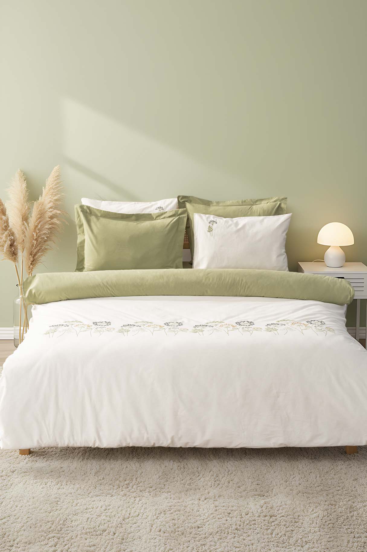 Botanic Green 100% Cotton Embroidered Duvet Cover Set, 6-Piece Double Size Bedding – Breathable Fabric, 200x220 cm