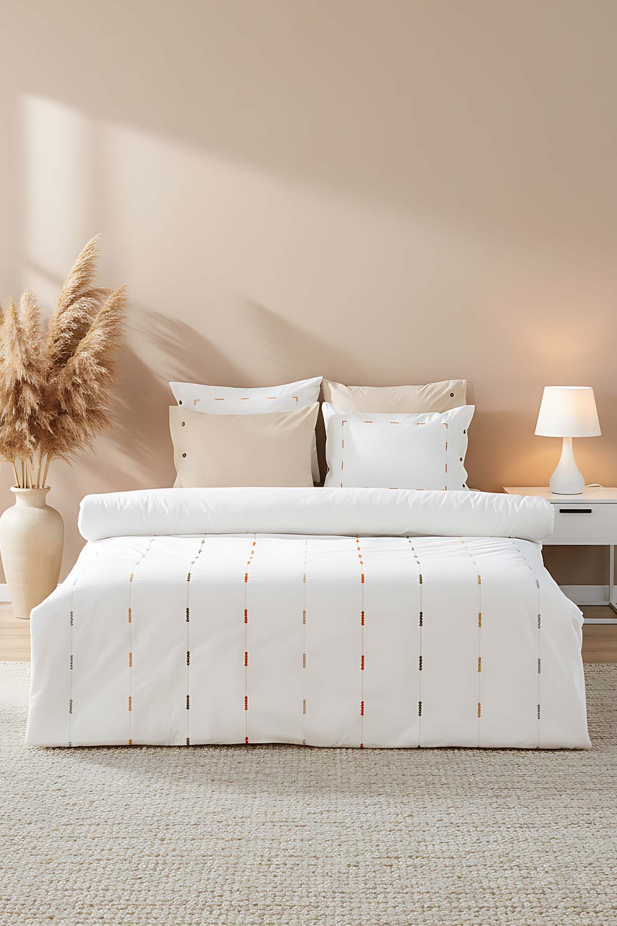 Victoria Cream 100% Cotton Embroidered Duvet Cover Set, 6-Piece Double Size Bedding – Breathable Fabric, 200x220 cm