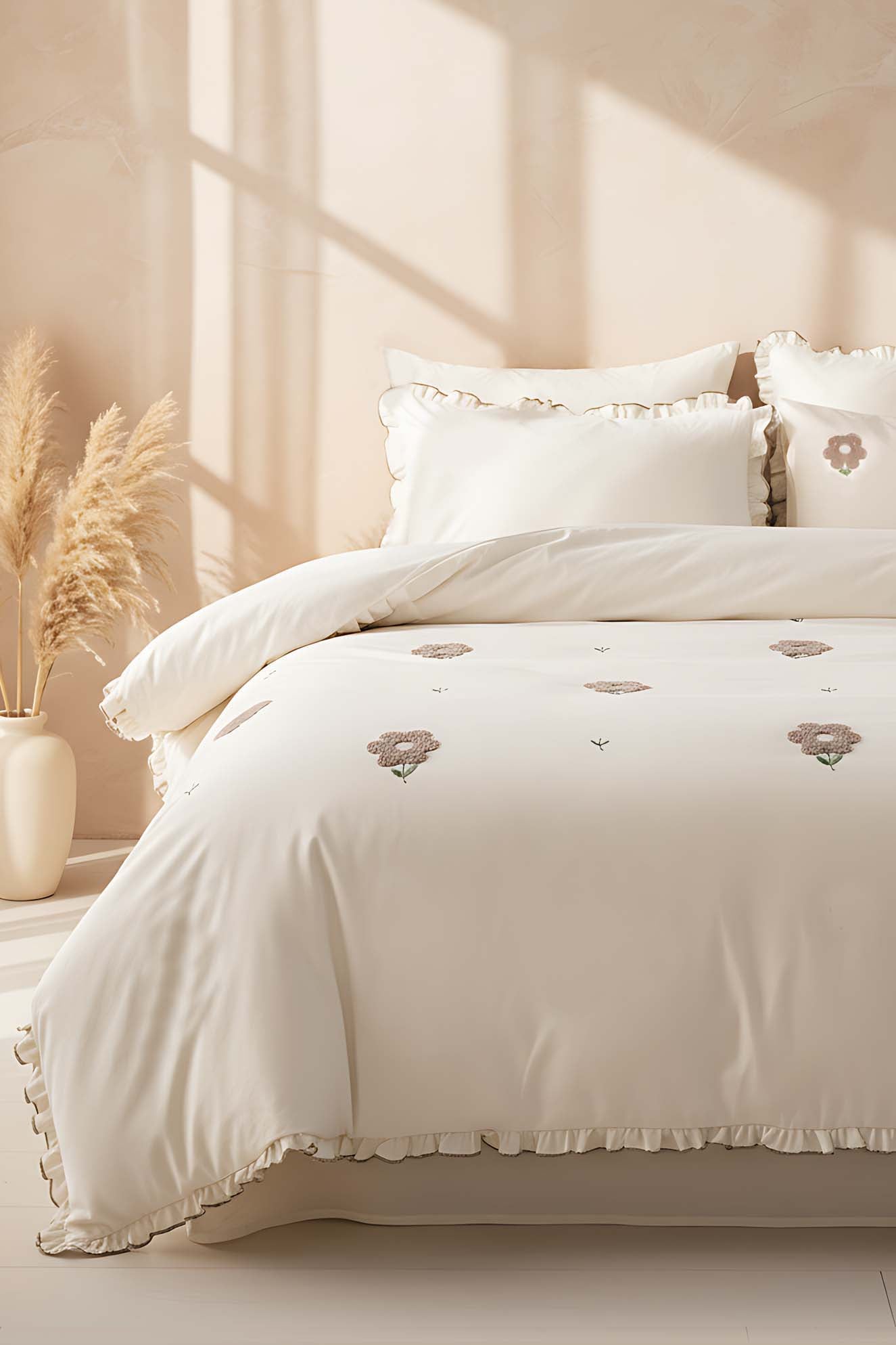 Florita Beige 100% Cotton Embroidered Duvet Cover Set, 6-Piece Double Size Bedding – Breathable Fabric, 200x220 cm