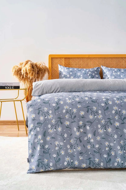Gray Daisies Polycotton Double Size Duvet Cover Set, Zipper, 200×215 cm, 3-Piece