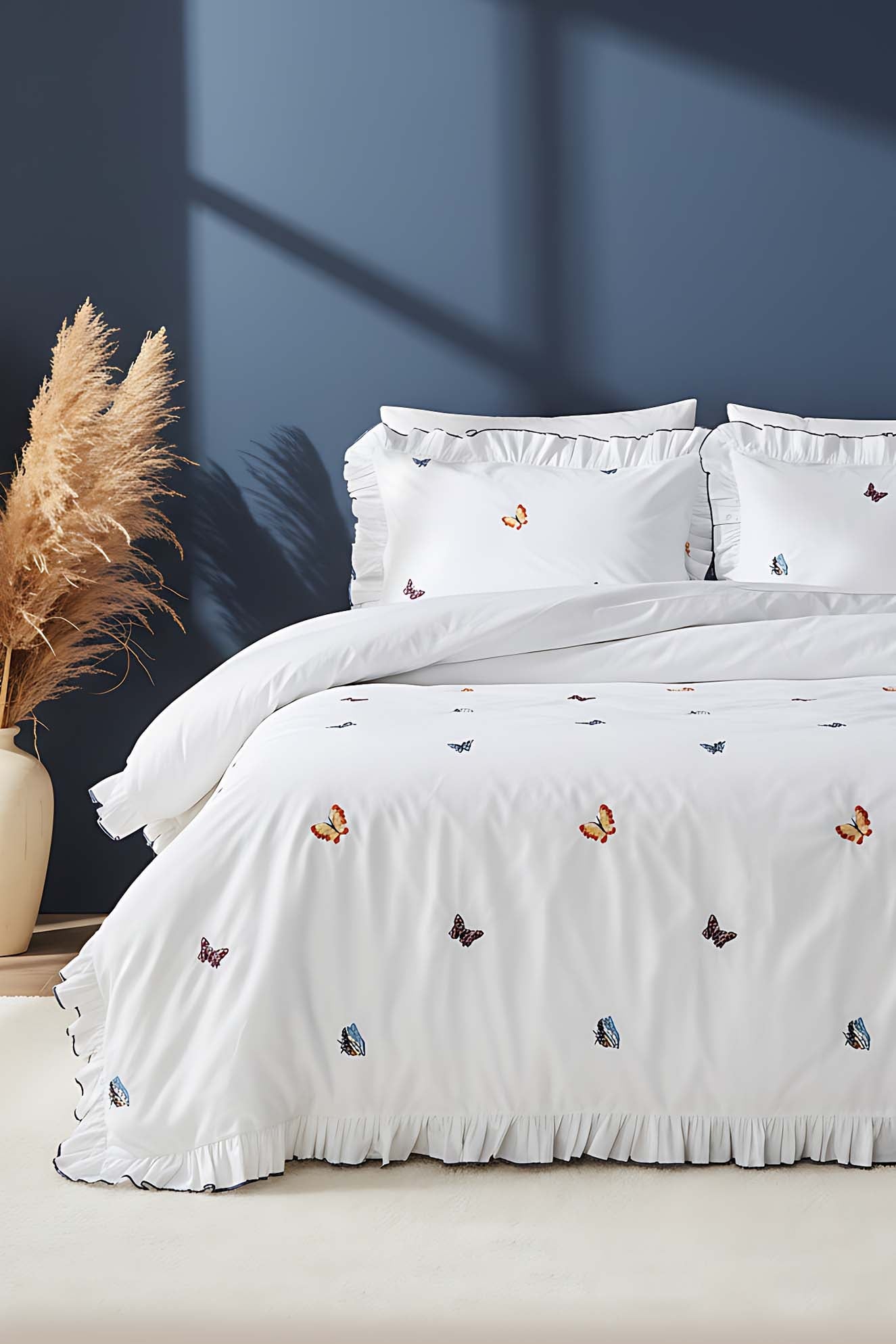 Butterfly 100% Cotton Embroidered Duvet Cover Set, 6-Piece Double Size Bedding – Breathable Fabric, 200x220 cm