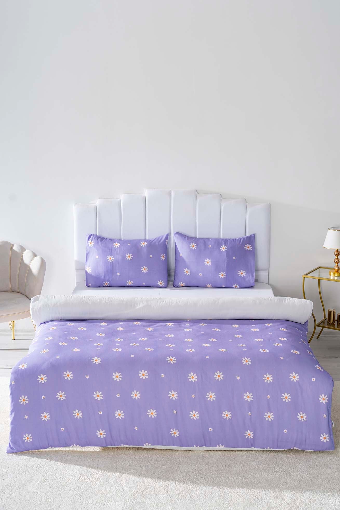 Purple Daisy Polycotton Double Size Duvet Cover Set, Zipper, 200×215 cm, 3-Piece