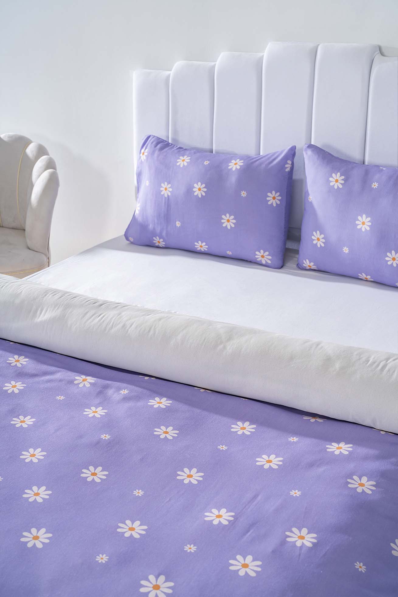 Purple Daisy Polycotton Double Size Duvet Cover Set, Zipper, 200×215 cm, 3-Piece
