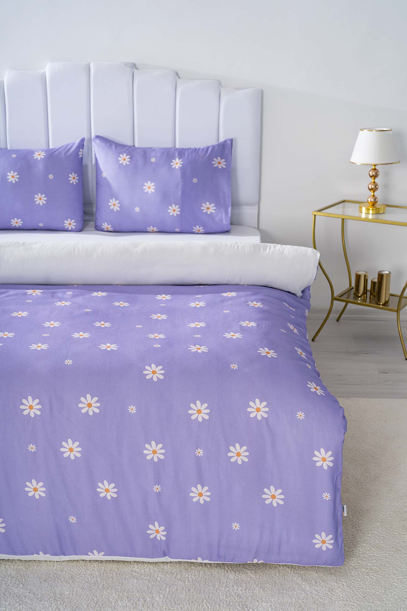 Purple Daisy Polycotton Double Size Duvet Cover Set, Zipper, 200×215 cm, 3-Piece