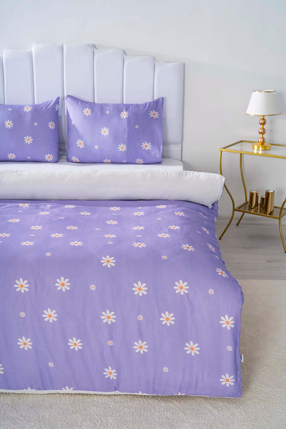 Purple Daisy Polycotton Double Size Duvet Cover Set, Zipper, 200×215 cm, 3-Piece