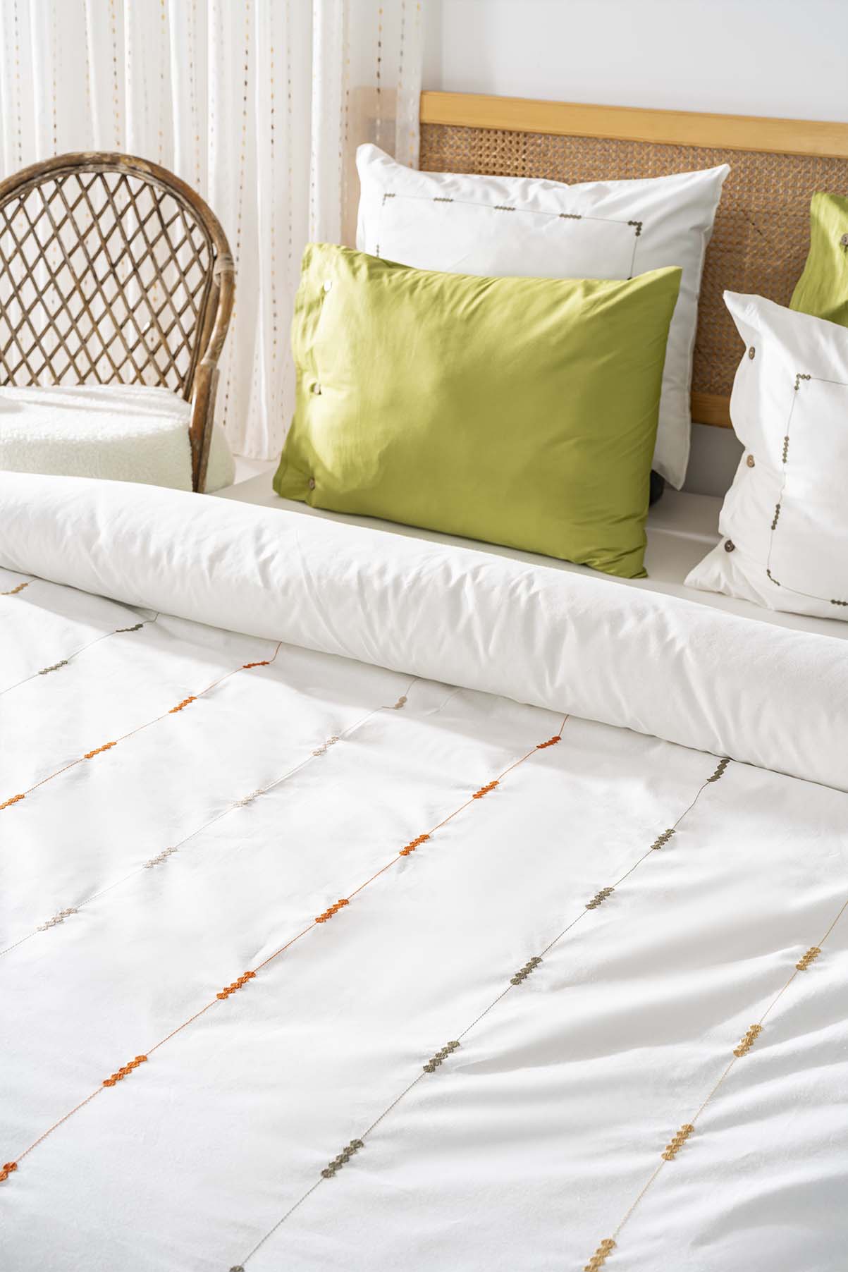 Victoria Green 100% Cotton Embroidered Duvet Cover Set, 6-Piece Double Size Bedding – Breathable Fabric, 200x220 cm